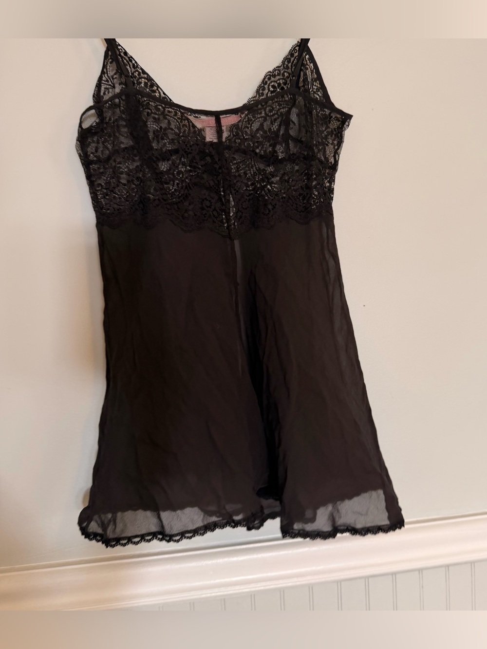100% silk Victorias Secret black sheer mesh babydoll slip
